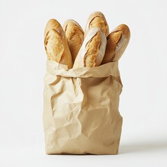 Paper bag filled with freshly baked baguettes isolated on white background · Great for bakery branding, artisan bread promotions, grocery advertising, organic food campaigns, and bakery product visual