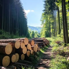 Forestry and logging industry scenes with cut timber logs in forest and stacked wood on trucks · Sustainable wood harvesting and nature conservation concept for environmental visuals