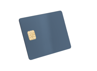 Card levitating in angle view. Blue plastic bankcard with chip for smart electronic payment, luxury shopping, online sale, finance. Isolated on white.