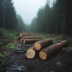 Forestry and logging industry scenes with cut timber logs in forest and stacked wood on trucks · Sustainable wood harvesting and nature conservation concept for environmental visuals