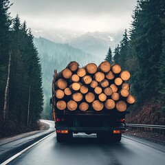 Forestry and logging industry scenes with cut timber logs in forest and stacked wood on trucks · Sustainable wood harvesting and nature conservation concept for environmental visuals