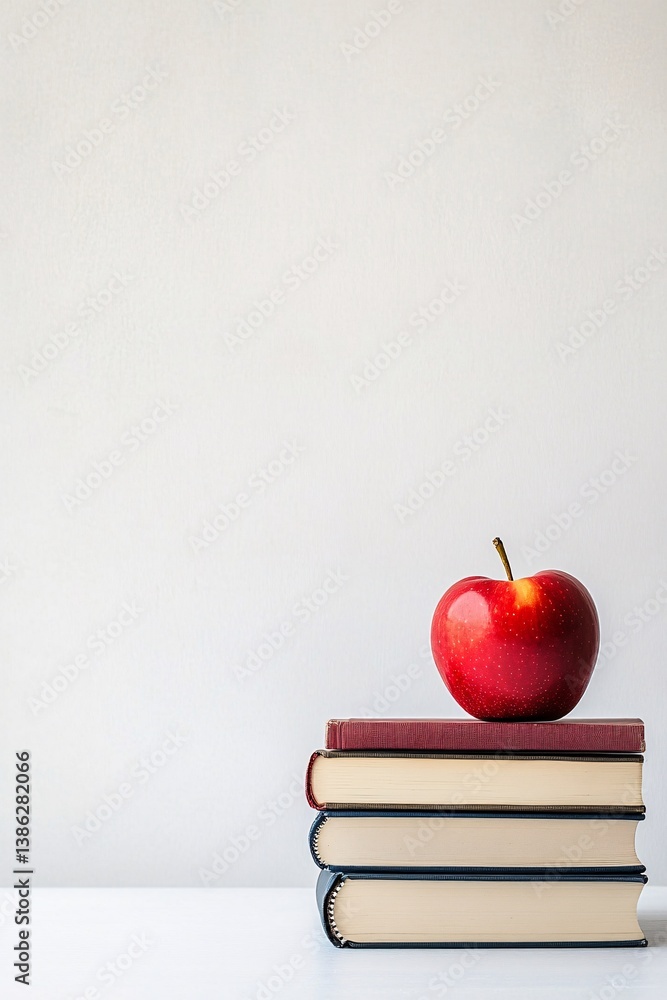 Aufkleber red apple resting on stack of books for school still life