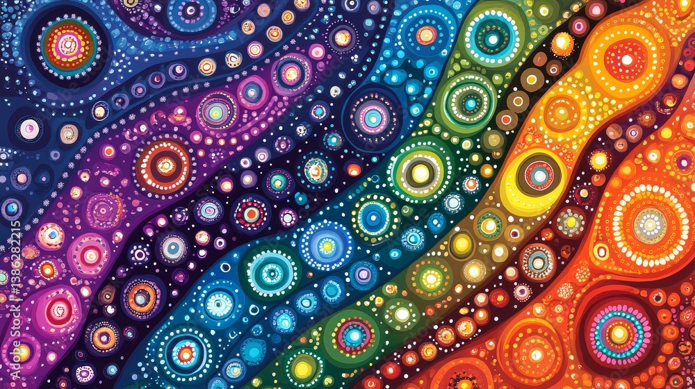Poster vibrant abstract rainbow pattern with multicolored dots and swirls