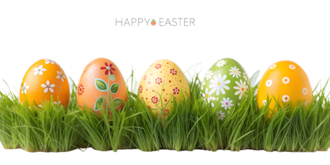 Five painted Easter eggs with green wheatgrass for placing products in front of a transparent background