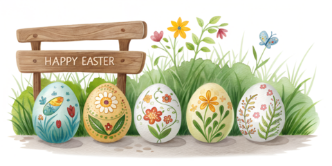 Five painted Easter eggs with green wheatgrass for placing products in front of a transparent background