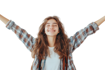 Happy girl with arms raised wearing plaid shirt and backpack feeling free, isolated on transparent background