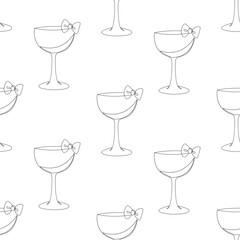 Seamless Pattern Romance Glass Drink. with Bow in One Continuous Line. Aesthetic Girly Vibe