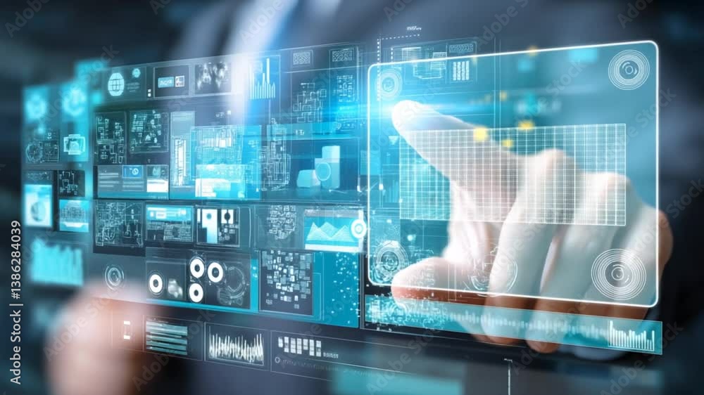 Poster businessman analyzes complex data using digital interface generative ai