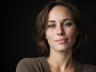 Portrait of a beautiful woman in her late thirties, with a neutral expression on her face, looking directly at the camera, capturing natural expressions and skin texture. Natual ageing concept.