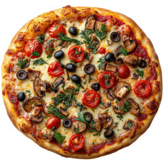 Delicious vegetarian pizza with champignon mushrooms isolated on white background.PNG