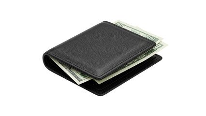 A black leather wallet sits on a black background with U.S. currency sticking out of it, showcasing personal finance and currency.