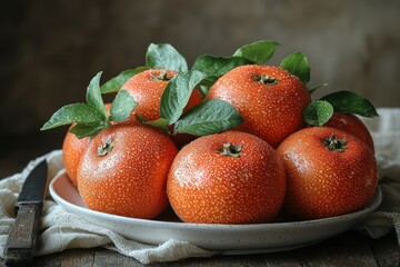 Juicy Orange Fruits with Dew Drops on Rustic Setting