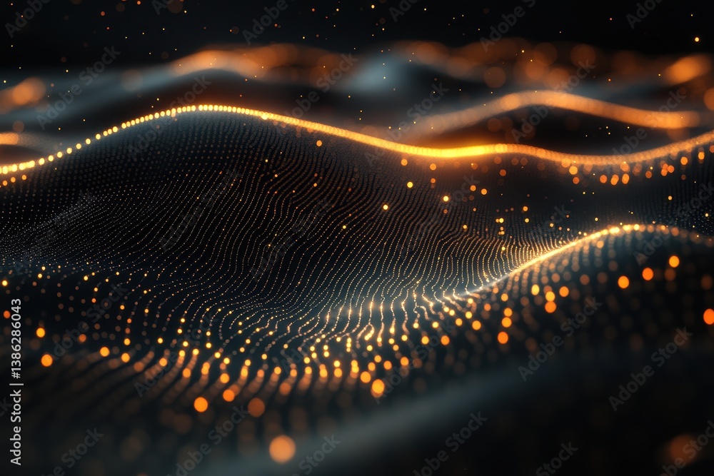 Poster Beautiful golden wave patterns illuminated on a dark fabric, showcasing intricate details and a mesmerizing flow of lights at night
