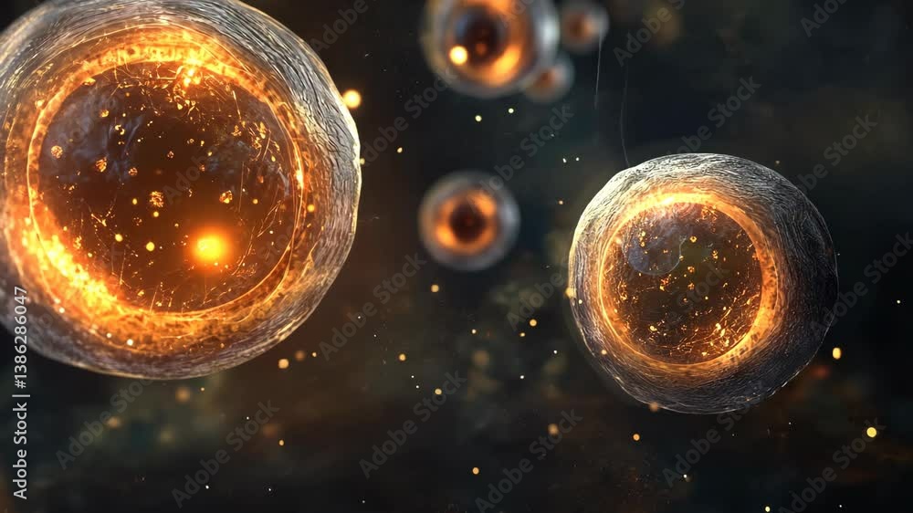 Poster microscopic view of glowing cells in a dark environment illustrating biological activity and cellula