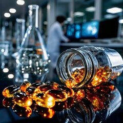 High-Resolution Close-Up of Amber Medicine Bottle with White Tablets on Lab Surface