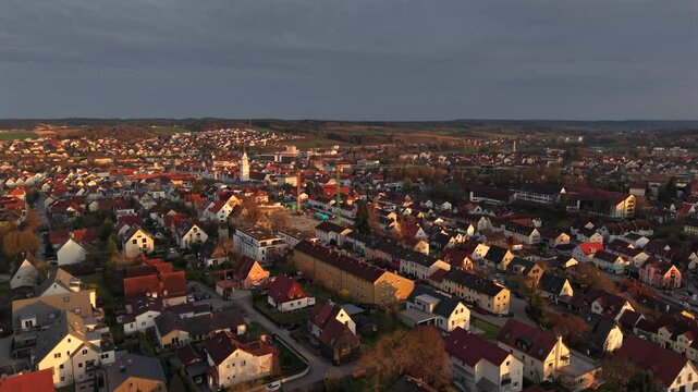 Pfaffenhofen Ilm from top during sunset phase and the city lights at the background