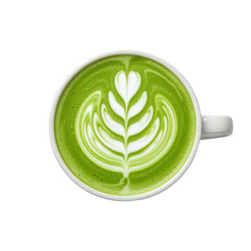 Vibrant green matcha latte art in a white mug.