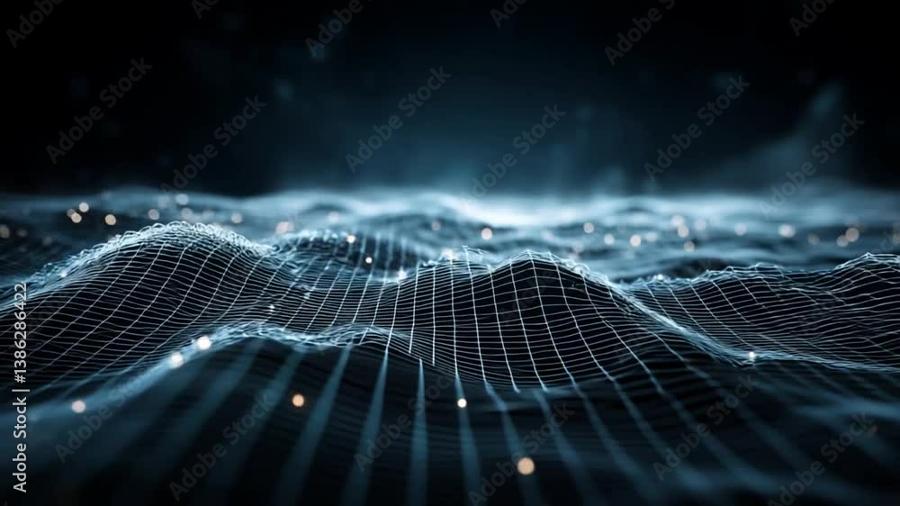 Poster dynamic waves of light and grid patterns in dark space generative ai