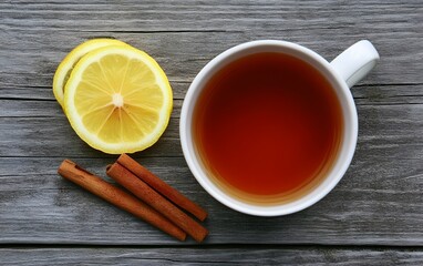 Warm Tea Cup with Lemon and Cinnamon Sticks