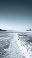 a frozen body of water with a mountain in the horizon and a body of ice in the foreground on a beach in the desert 