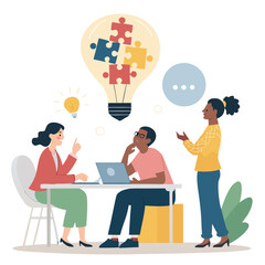 Business Team Brainstorm concept. Vector flat style abstract illustration of a group of diverse people at a desk leading a discussion with a lightbulb made of puzzle pieces above their heads.