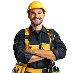 Happy Electrician in Yellow Hardhat and Uniform Smiling isolated on transparent background