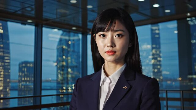 Business professional poses confidently in modern office building with city skyline view during twilight hours