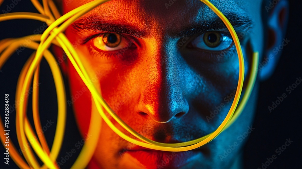 Poster technician looking at camera with cables around face lit by red and blue lights