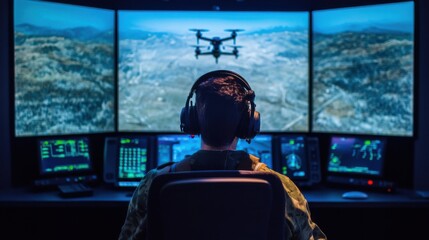 Military operator monitoring drone activity in a high-tech command center during daytime operations