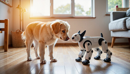 Curious dog interacting with robotic pet in modern home, AI companionship