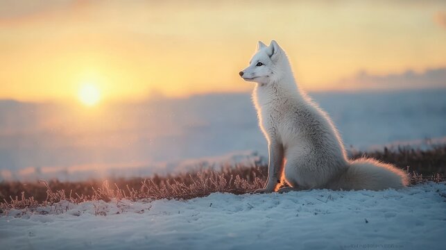 White arctic fox sitting in snowy landscape at sunset - Powered by Adobe