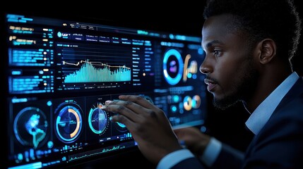 Focused professional analyzes data on a large screen