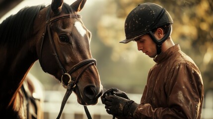 Young equestrian preparing horse for ride during golden hour at local stables in autumn setting