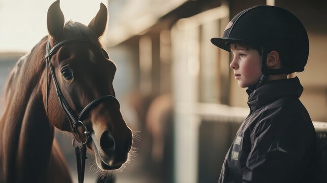 Young rider interacts with horse in stable during golden hour light