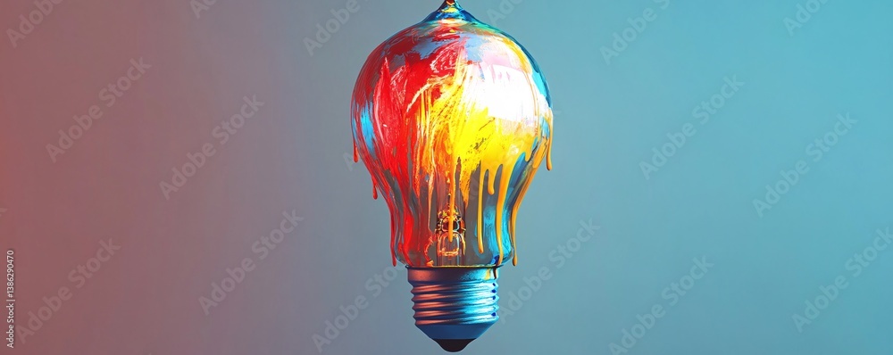 Poster colorful paint is dripping on a lit lightbulb for creative idea concepts