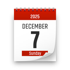 Date 7 December 2025 year realistic calendar day page design. December 7 transparent png