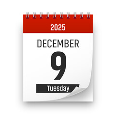 Date 9 December 2025 year realistic calendar day page design. December 9 transparent png