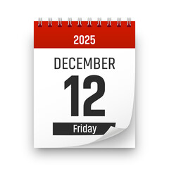 Date 12 December 2025 year realistic calendar day page design. December 12 transparent png