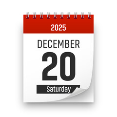 Date 20 December 2025 year realistic calendar day page design. December 20 transparent png