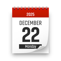 Date 22 December 2025 year realistic calendar day page design. December 22 transparent png