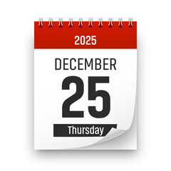 Date 25 December 2025 year realistic calendar day page design. December 25 transparent png