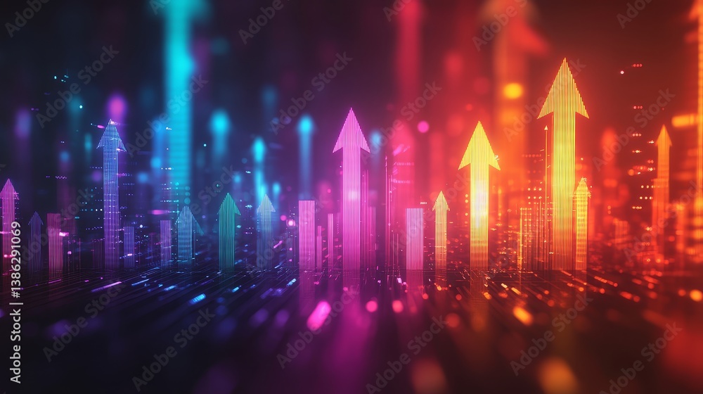 Poster futuristic colorful upward arrows in digital abstract background