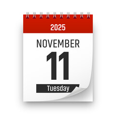 Date 11 November 2025 year realistic calendar day page design. November 11 transparent png