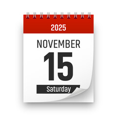 Date 15 November 2025 year realistic calendar day page design. November 15 transparent png