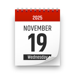 Date 19 November 2025 year realistic calendar day page design. November 19 transparent png