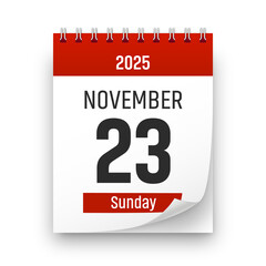 Date 23 November 2025 year realistic calendar day page design. November 23 transparent png