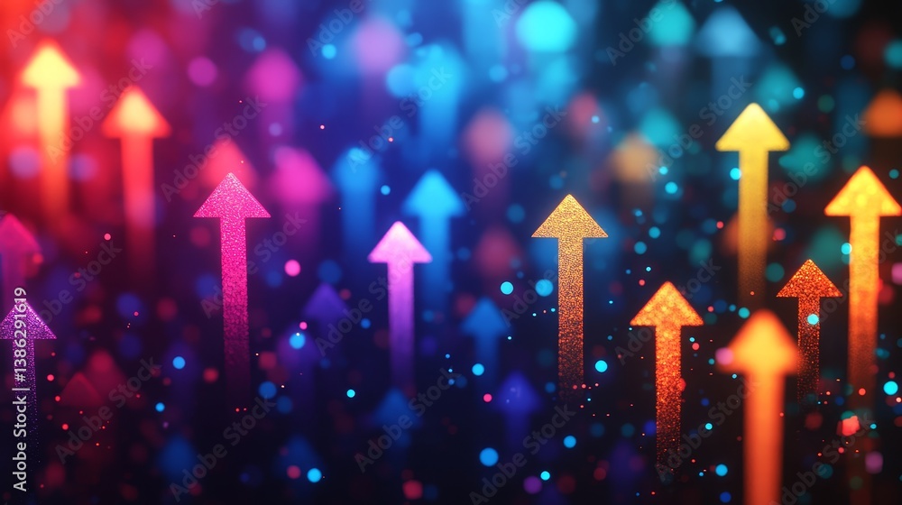 Poster colorful arrows ascending in abstract neon art with particle effect