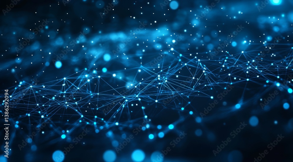 Poster abstract blue digital network with glowing connections and particle effects