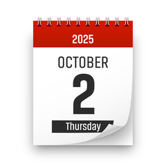 Date 2 October 2025 year realistic calendar day page design. October 2 transparent png