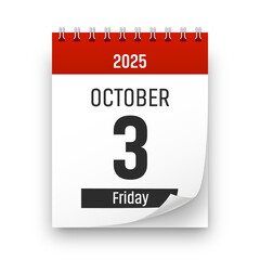 Date 3 October 2025 year realistic calendar day page design. October 3 transparent png